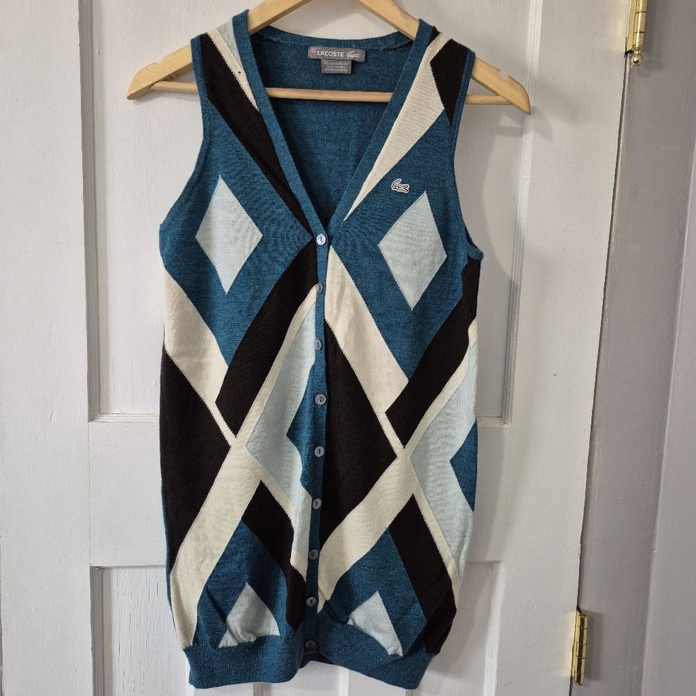 Lacoste Preppy Wool Argyle Sweater Button Front Vest Blue Green White Sz 10